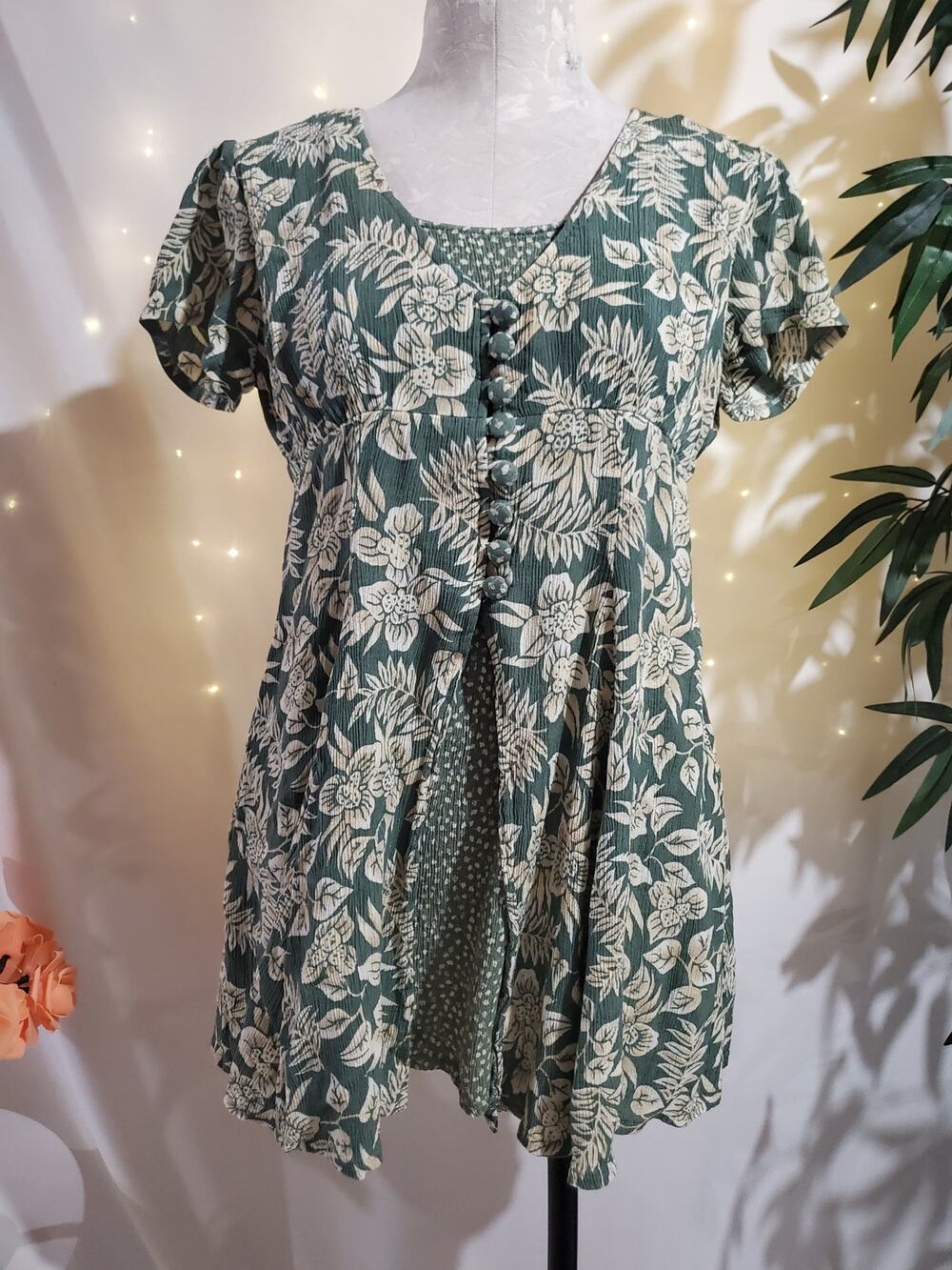 Vtg Westport Ltd Floral Button Gauzy Layered Mini Dress Size 10 Cottage Fairy